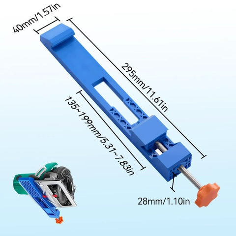 Get That Perfect Line With This Electric Circular Saw Guide Tool Positioner Edge Clamp For 4 Inch Saws And Marble Cutters, showing the blue edge clamp with adjustable features.