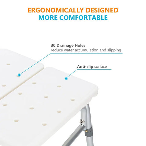 Image highlighting the drainage holes and anti-slip surface of the Heavy Duty Tub Transfer Bench With Backrest No Fuss Non Slip Shower Chair For Bathtub 500 Lb Capacity Adjustable Height Tool Free Assembly Safe Bath Chair Seat For Seniors