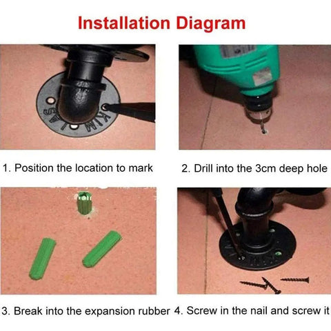 Installation diagram showing steps to secure a base with expansion rubber and screws for sturdy assembly.