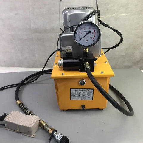 Heavy Duty 750W 110V Electric Hydraulic Pump With 7L Tank And Single Acting Pedal Solenoid Valve Control Kicking Up To Ten Thousand Psi, yellow unit viewed from the side.
