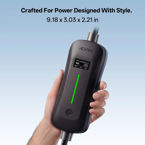 Hand holding Level 1 And Level 2 J1772 EV Charger With 25 Foot Extension Cord Portable 240V 16A Electric Car Charger