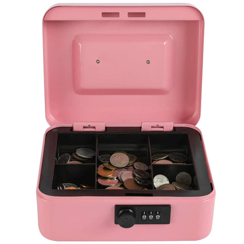 Open Steel Cash Box Safe With Combination Lock Pink Money Safe Box With Removable Coin Tray Medium Size 7.87 By 6.30 By 3.54 Inches