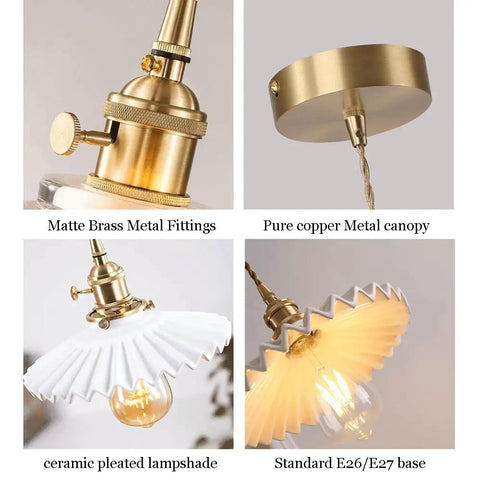 White Ceramic Pendant Light With On Off Switch Pleated Chandelier Design E26 Socket Perfect For Kitchen Island Dining Room And Hallway 7.87 Inch Diameter showing brass fittings, copper canopy, and pleated lampshade