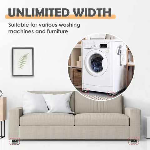 Heavy Duty Appliance Rollers With Adjustable Base And Wheels, shown moving a washing machine and sofa in a home setting.