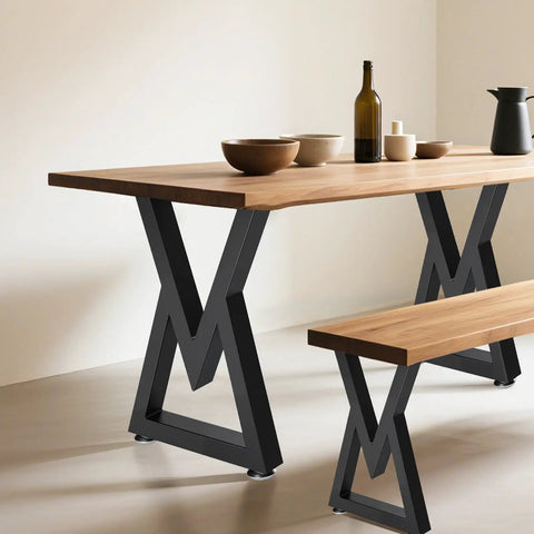Wooden table with Beefy 28 Inch Heavy Duty Metal Dining Table Legs With Adjustable Feet Pads, black finish, diamond style design