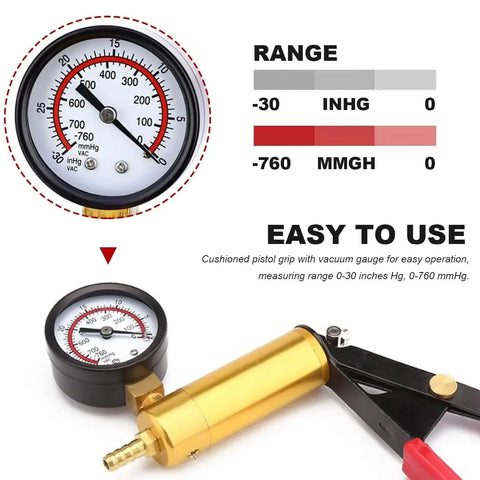 SHMZK hand-held brake bleed kit with vacuum pump, gauge, adapters in red protective case.