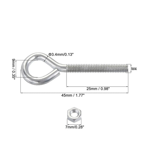 Pro 30 Pack M4x30mm Carbon Steel Eye Hook Screw Bolt Kit With Hex Nuts And White Zinc Plated Finish, included components.