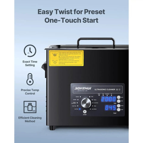 Control panel of Pro Ultrasonic Cleaner Machine 10L Tub Tank With Digital Heater Timer Knob Control, featuring time and temperature settings.