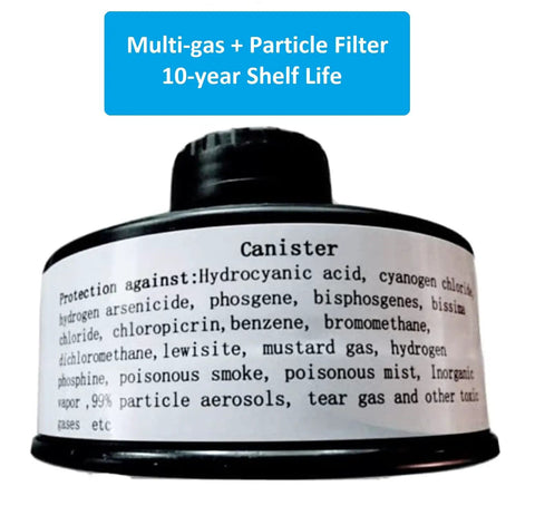 Rugged Full Face Gas Mask With 40mm NBC Filter For Civilian Prepper Survival close-up of multi-gas canister label and 10-year shelf life