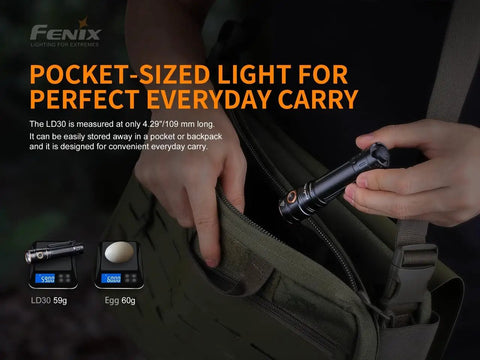 Person placing EDC 1600 Lumen Rechargeable Flashlight with USB Charging into a bag, showcasing pocket size and everyday carry.