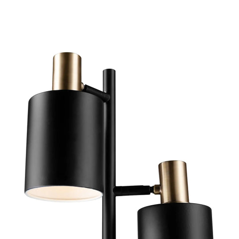 Close-up of 67 Inch 3-Light Tree Floor Lamp With Matte Black Finish And Brass Accents, showcasing adjustable pivoting heads.