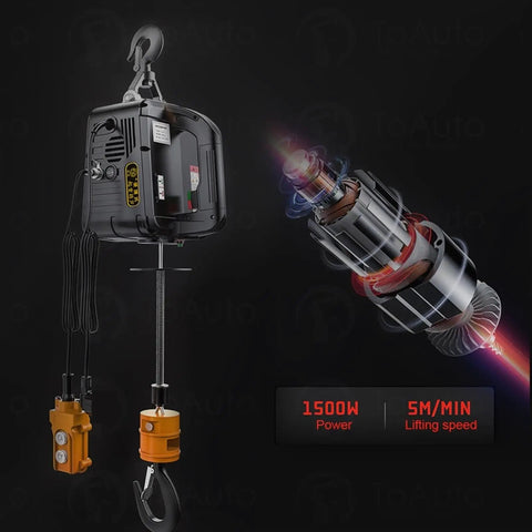 Rock Solid Heavy Duty Electric Chain Hoist Portable Auto Crane Lifter With 500kg Max Capacity showing 1500W motor and lifting mechanism.