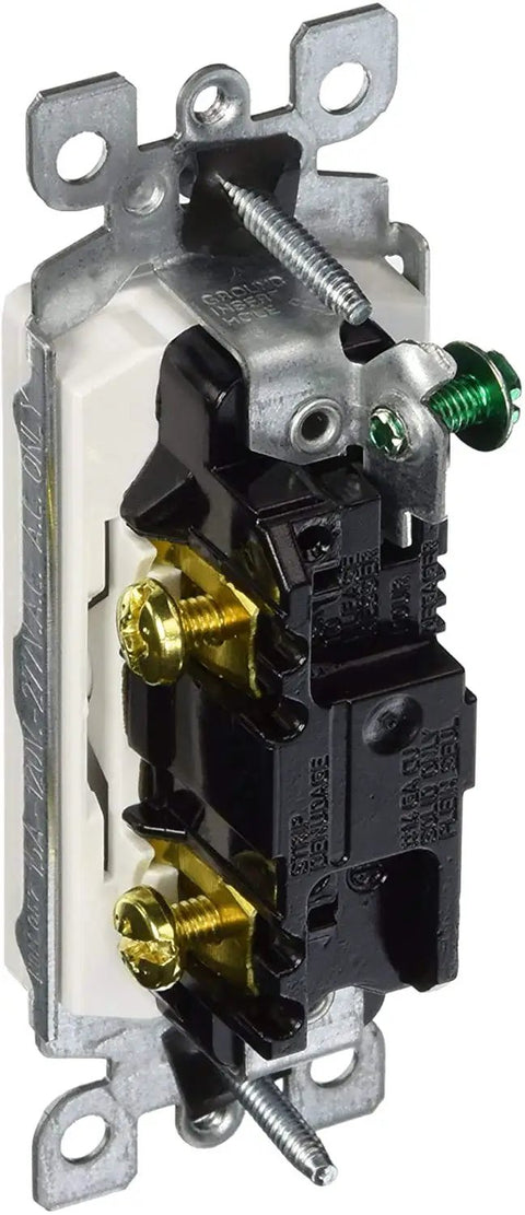 Decora Rocker Single Pole AC Quiet Switch 15 Amp 120/277 Volt Grounding Residential Grade Built To Last With Easy Wire Terminals For Tungsten Fluorescent Or Resistive Loads No Fuss, side view