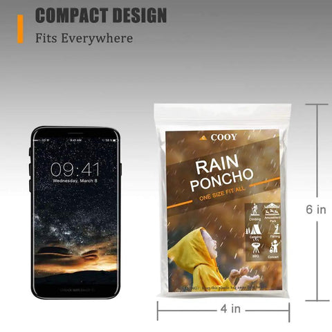 Your Go To Disposable Rain Ponchos With Drawstring Hood For Adults, Emergency Family Pack package next to smartphone, compact size.
