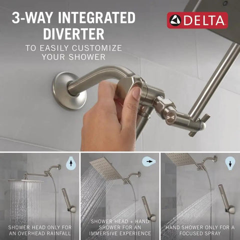 3-way integrated diverter of Top Shelf 10 Inch Square Raincan Shower Head With Handheld Duo In Slick Brushed Nickel Finish.