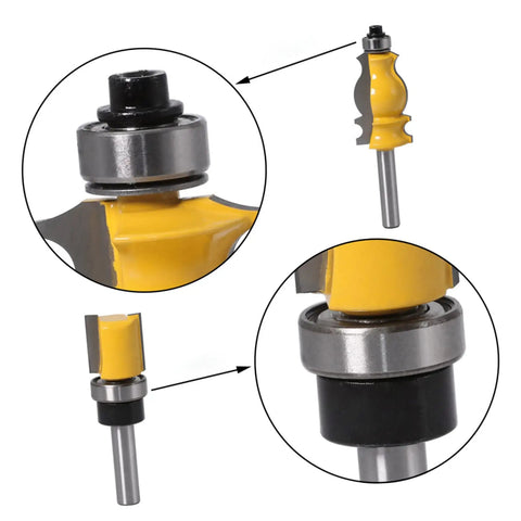Close-up view of router bits with bearings from the Top Mounted Router Bit Bearing Replacement Kit for woodworking and precision milling.