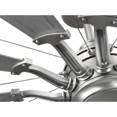 Close-up of Chic Slick Farmhouse Ceiling Fan With A Tough Antique Nickel Finish showing twelve windmill blades and structure.