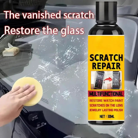 Close-up of a hand using a 30ml scratch repair fluid on a vehicle windshield to restore glass and remove scratches.
