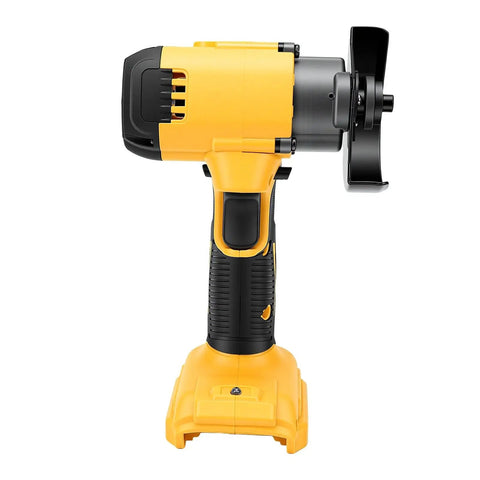 Badass 2 In 1 Cordless 3 Inch Mini Circle Saw And Angle Grinder Featuring A Brushless 12000 Rpm Motor For Wood Metal Tile And Plastic With Safety Guards For No Hassle Grinding And Sweet Precision Cuts Daily, side view of yellow cordless saw and grinder.