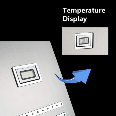 Temperature display screen on Straight Up Premium Stainless Steel Shower Panel Tower With Led Waterfall Shower Head And 6 Function Bathroom Faucet Featuring Body Jets In Brushed Nickel.