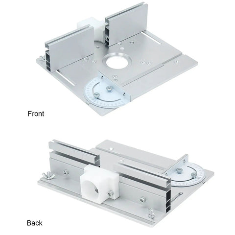 Straight Up Pro Grade Metal Router Lift System Kit With Sturdy Aluminum Alloy Insert Plate Universal Woodworking Table Base Mount, showing front and back views.