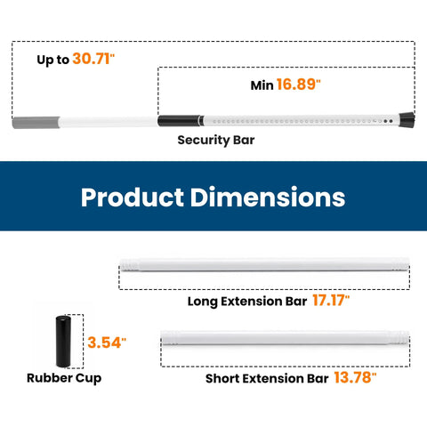 2 Pack Heavy Duty Adjustable Security Bar For Sliding Doors And Windows Hardcore Metal Barrier dimensions showing minimum and maximum lengths.