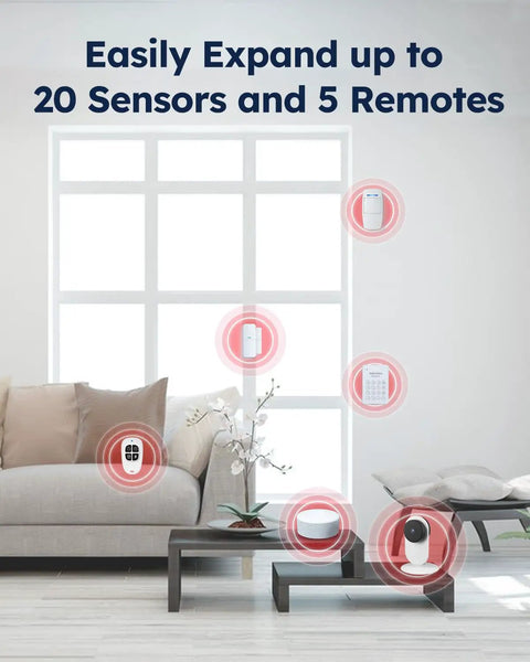 Living room with DIY WiFi Door Alarm System For Home Security 8 Piece Kit With Siren Door Window Sensors And Remote Alexa Compatible With Phone App