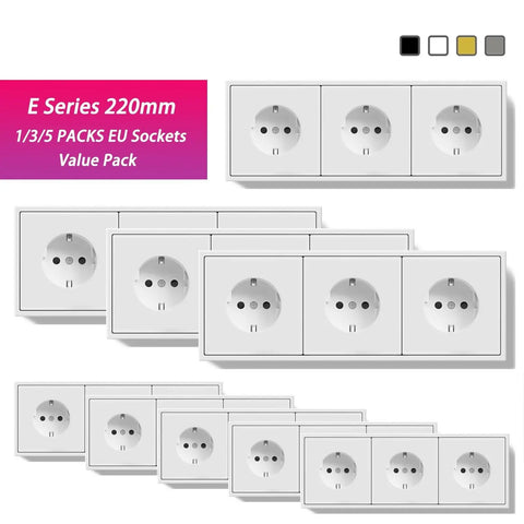 EU Standard Triple Wall Power Outlets 16A Electrical Sockets Five Pack in various configurations on a white background.