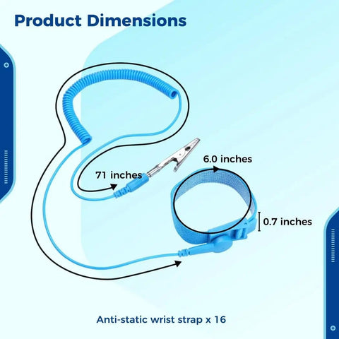 Sixteen Pack Anti Static Wrist Straps With Ground Wire And Adjustable Cords for Electronics ESD Protection, dimensions shown