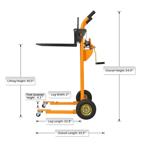 The Heavy Duty Manual Pallet Stacker Material Lift Winch Loader With 330 Lbs Capacity And Rubber Swivel Casters side view with dimensions.