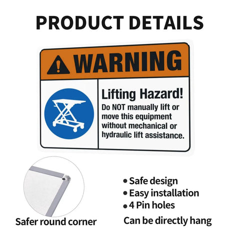 Heads Up Lifting Hazard Do Not Manually Lift Or Move This Equipment 8x12 inch construction safety warning sign details