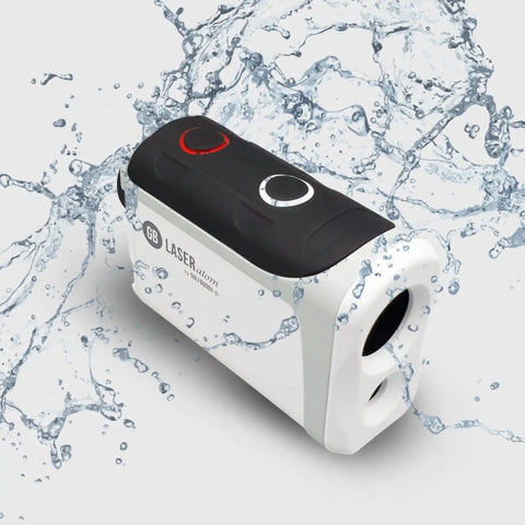 Sleek Compact Golf Laser Rangefinder With Slope Mode And Vibration Pin Finder Delivers Quick As Lightning Zero Second Technology At 880 Yards splash resistant design with water droplets.