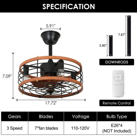 Caged Ceiling Fan With Light 21 Inch Rustic Dope Flush Mount With Remote, 3 Speeds, Low Profile Modern Ceiling Fixture Dimensions