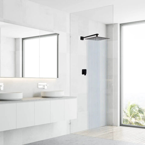 Matte Black Rain Shower Head With 12 Inch Square Head And 16 Inch Extension Arm, Heavy Duty 304 Stainless Steel, installed in bathroom