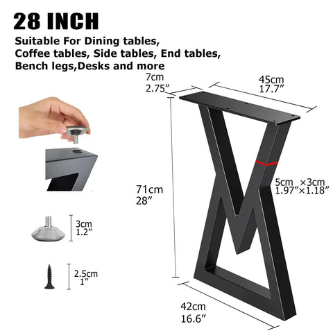 Diagram of Beefy 28 Inch Heavy Duty Metal Dining Table Legs With Adjustable Feet Pads showing measurements and parts