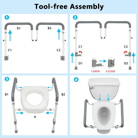 Tool-free assembly guide for Heavy Duty Raised Toilet Seat Riser With Secure Armrests And Soft Grip Handles And Solid Frame Setup.