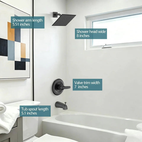 Slick 8 Inch Square Rain Shower Faucet Trim Kit Compatible With Delta 13 14 Series High Pressure Matte Black shown with dimensions.