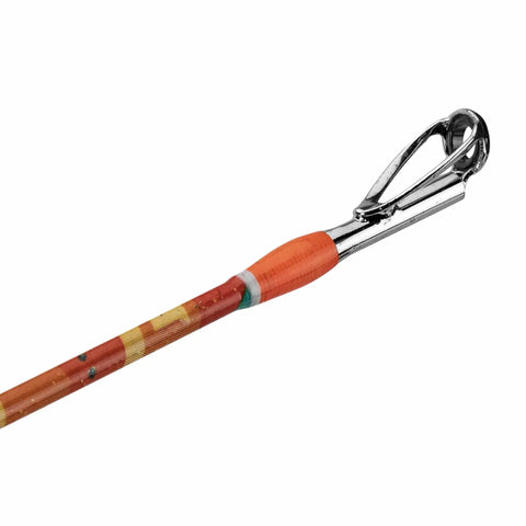 Close-up of 6 Foot Krazy Rec Spincast Combo rod tip, showing orange Hi Viz line, ideal for freshwater fishing