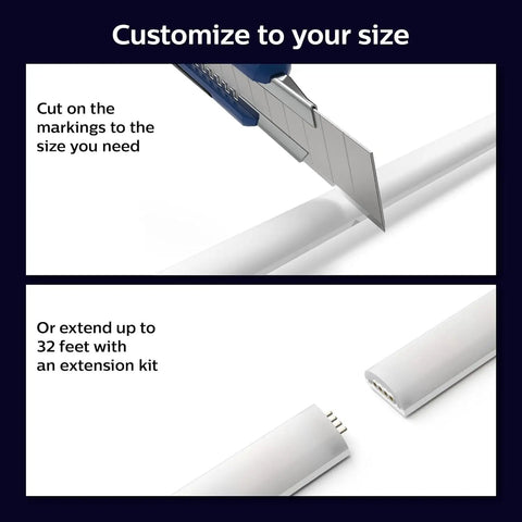 Indoor 6-Foot Smart LED Light Strip Base Kit with plug showing cut-to-size option and extension capability for mood lighting.