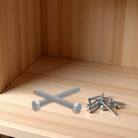 Beefy Heavy Duty Stainless Steel Hex Bolts Nut And Bolt Kit M10x10mm Fully Threaded Hex Cap Screws With Flat And Lock Washers For DIY And Outdoor Use With Vibration Protection Four Sets Included, shown with bolts and screws on a wood shelf