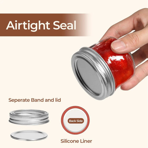 Airtight seal illustration on Pretty Dang Awesome Mini Mason Jars 8 Pack Regular Mouth Glass Containers with tight lids.