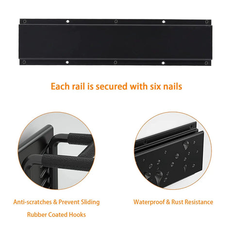 Close-up of 32 Inch Adjustable Garage Tool Storage Rack Wall Mounted Organizer With 8 Pieces And 6 Hooks showing rail and hooks