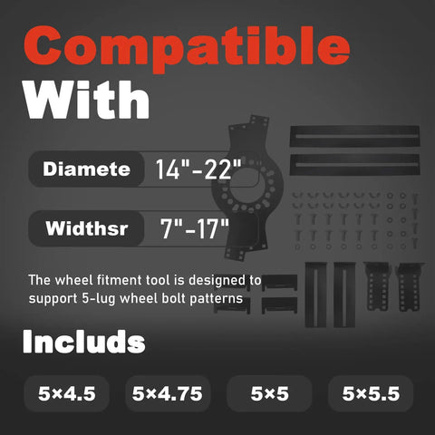 Heavy Duty 5 Lug Wheel Fitment Tool Offset Measuring Simulator For 14 To 22 Inch Rims parts and compatibility chart.