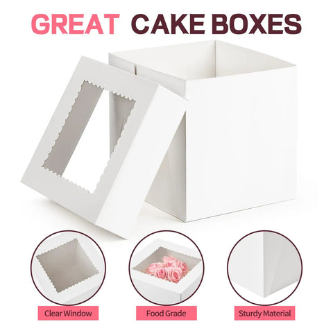 Top Tier 8 X 8 X 8 Inch Cake Boxes 4 Pack Featuring Clear Window showing sturdy white cardboard construction and clear lid.