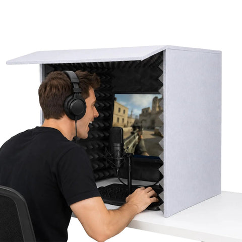 28 Inch Foldable Portable Vocal Recording Booth Featuring High Density Acoustic Foam Panels For Quick No Sweat Setup And Radio Ready Sound Blocking For Singers And Podcasters Anywhere with user and monitor.