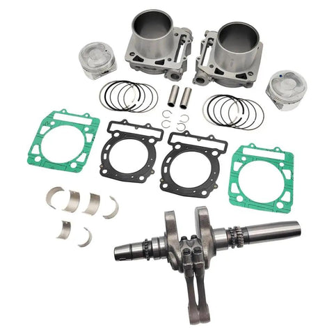 Gnarly Quad Engine Rebuild Kit Featuring Heavy Duty Crankshaft Plain Bearings And Complete Cylinder Block Assembly For Hisun Ys800 Massimo Atv disassembled components and cylinder parts.