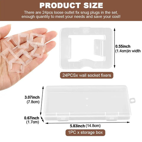 Snug 24 Pack Outlet Plugs For Loose 110V Sockets Transparent Wall Socket Fixers with clear box, hand holding plugs.