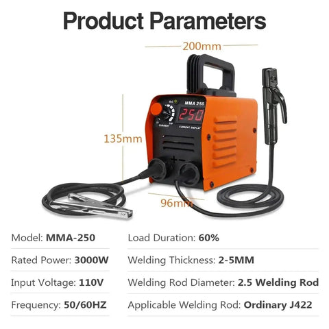 Portable 250A MMA Arc Welder Inverter Welding Machine Dual Voltage 110V 220V Mini Electric Welder dimensions and specs