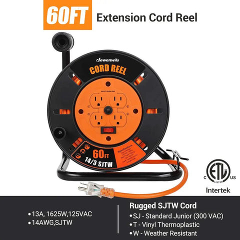 Heavy Duty Retractable Sixty Foot Extension Cord Reel With Metal Stand For Indoor Outdoor Garage Workshop And Backyard Use Fourteen Three SJTW Cable Offering Four Grounded Outlets Thirteen Amp Circuit Breaker And Easy Handle Rewind For Quick Storage image showing front view with 60ft orange SJTW cord.