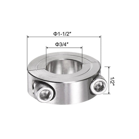 Beefy Two-Piece Clamp-On Shaft Collar For Three Quarter Inch Shaft, One And One Half Inch Outer Diameter, One Half Inch Thick, 304 Stainless Steel Set Screw Style